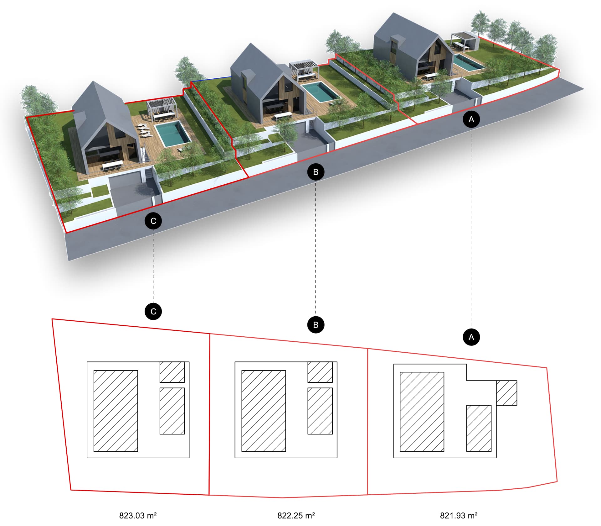 Render of the three houses